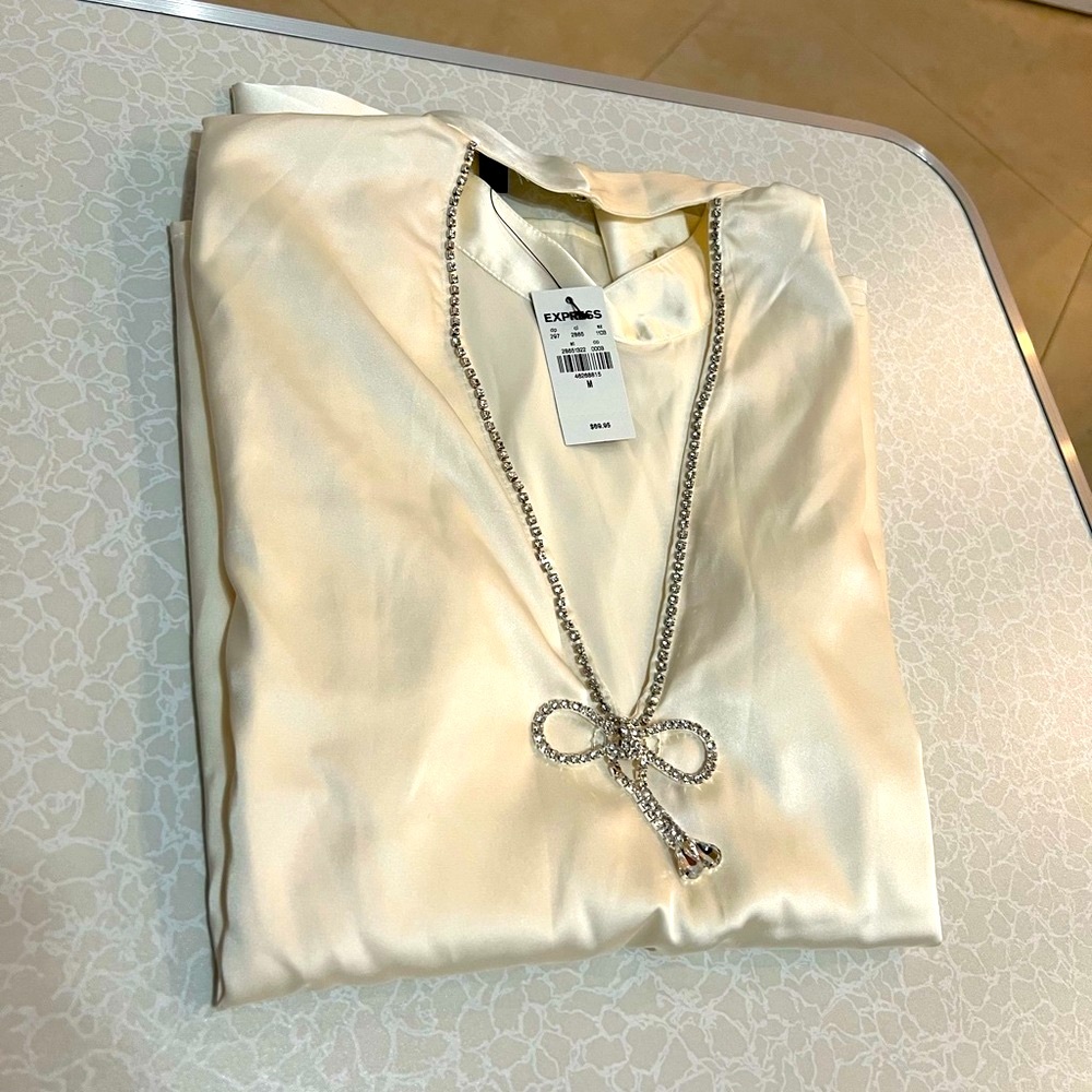Express Medium Long Sleeve Woman V- Neck Blouse with stones around & below neck - Picture 4 of 7
